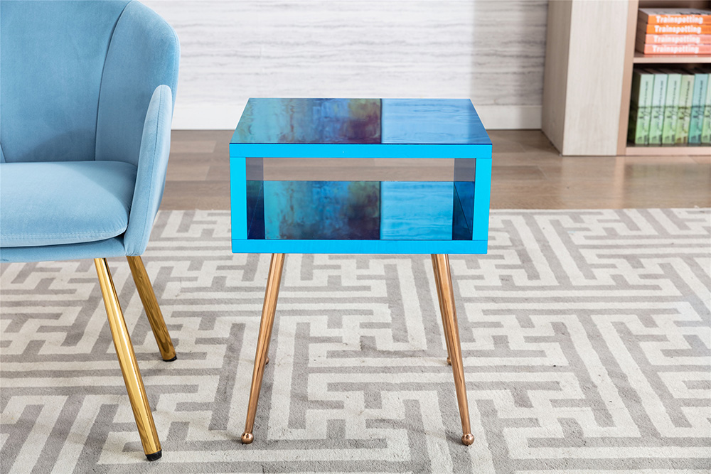 COOLMORE Mirror Bedside Table End Table with Metal High Legs for Living Room, Bedroom, Office, Dressing Room - Blue