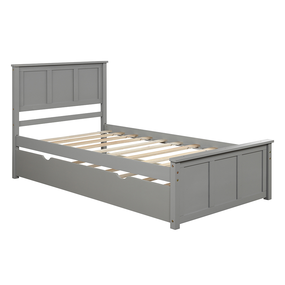 Twin Size Wooden Platform Bed Frame with Trundle Bed, and Wooden Slats Support, No Spring Box Required (Frame Only) - Gray