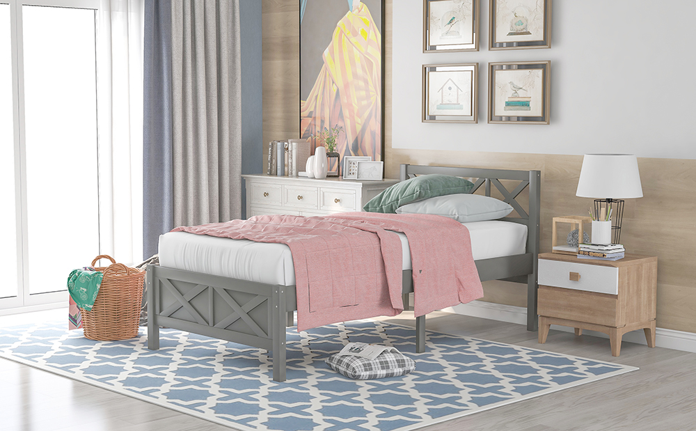 Twin Size Wooden Platform Bed Frame with High Legs Gray