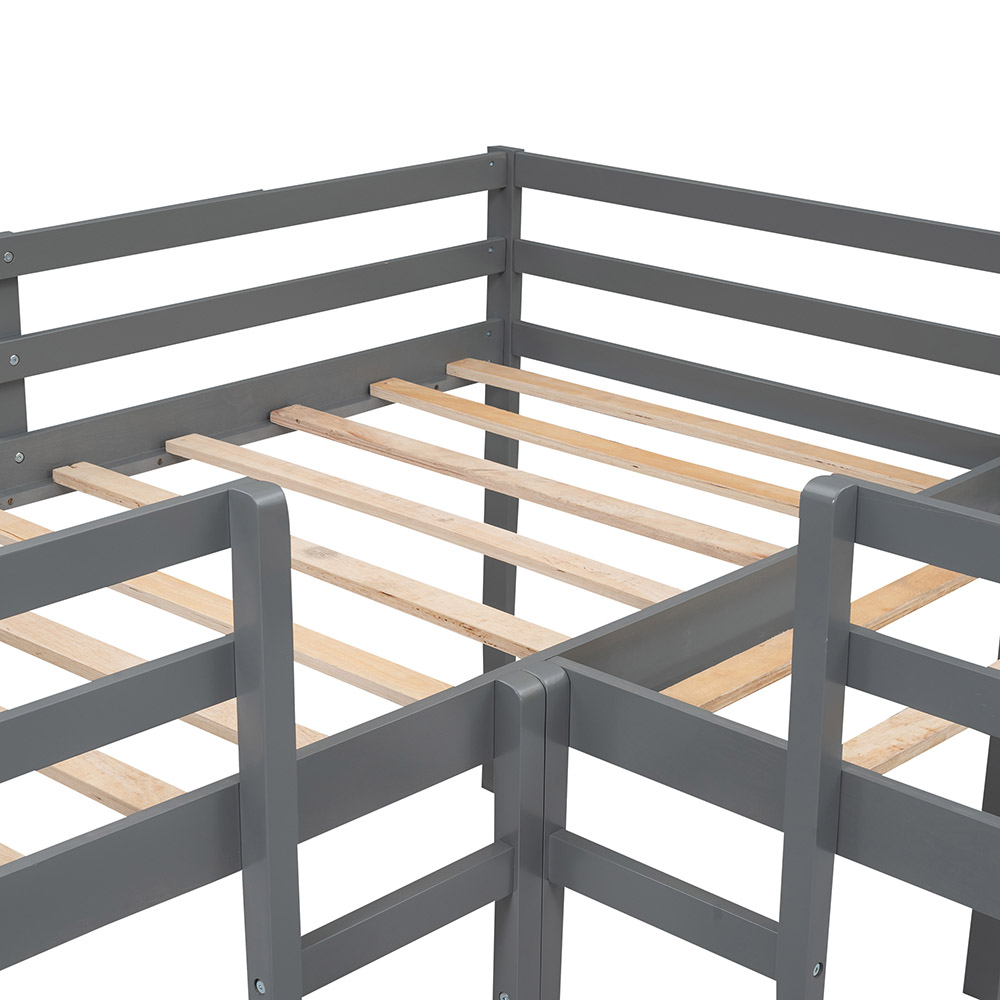 Twin-Size Wooden L-Shaped Loft Bed Frame with Ladder, Slide, and Wooden Slat Support, No Need for Box Spring - Gray