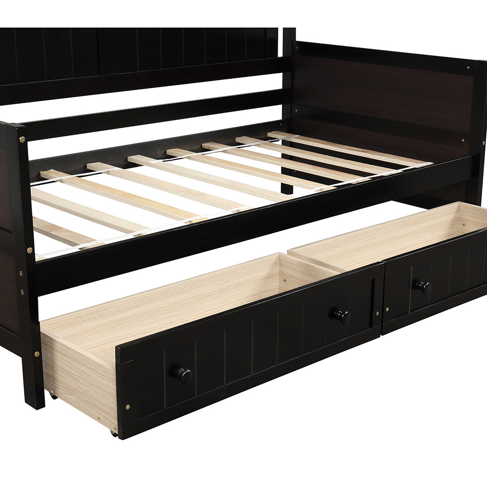 Twin-Size Wooden Platform Daybed Frame with 2 Storage Drawers and Wooden Slats Support - Espresso