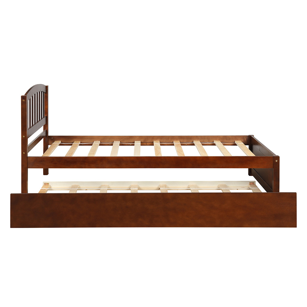Twin Size Wooden Platform Bed Frame With Trundle Bed, And Wooden Slats Support, No Spring Box Required (Frame Only) - Walnut 7 Twin Size Wooden Platform Bed Frame with Trundle Bed, and Wooden Slats Support, No Spring Box Required (Frame Only) - Walnut