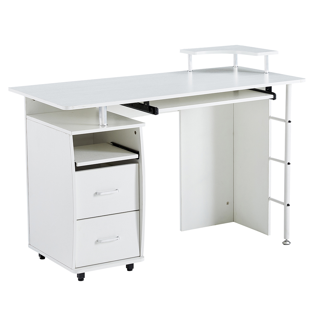 Home Office D&N Solid Wood Computer Desk with 2 Storage Drawers and CPU Tray - White