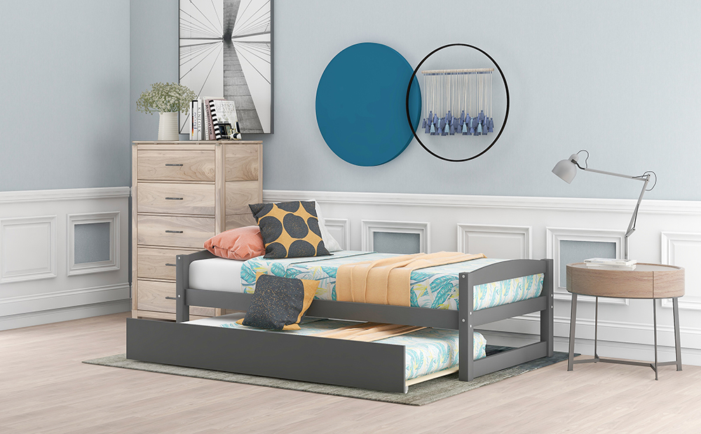 Twin-Size Wooden Platform Bed Frame with Trundle Bed, Suitable for Small Space Apartment, Room - Gray