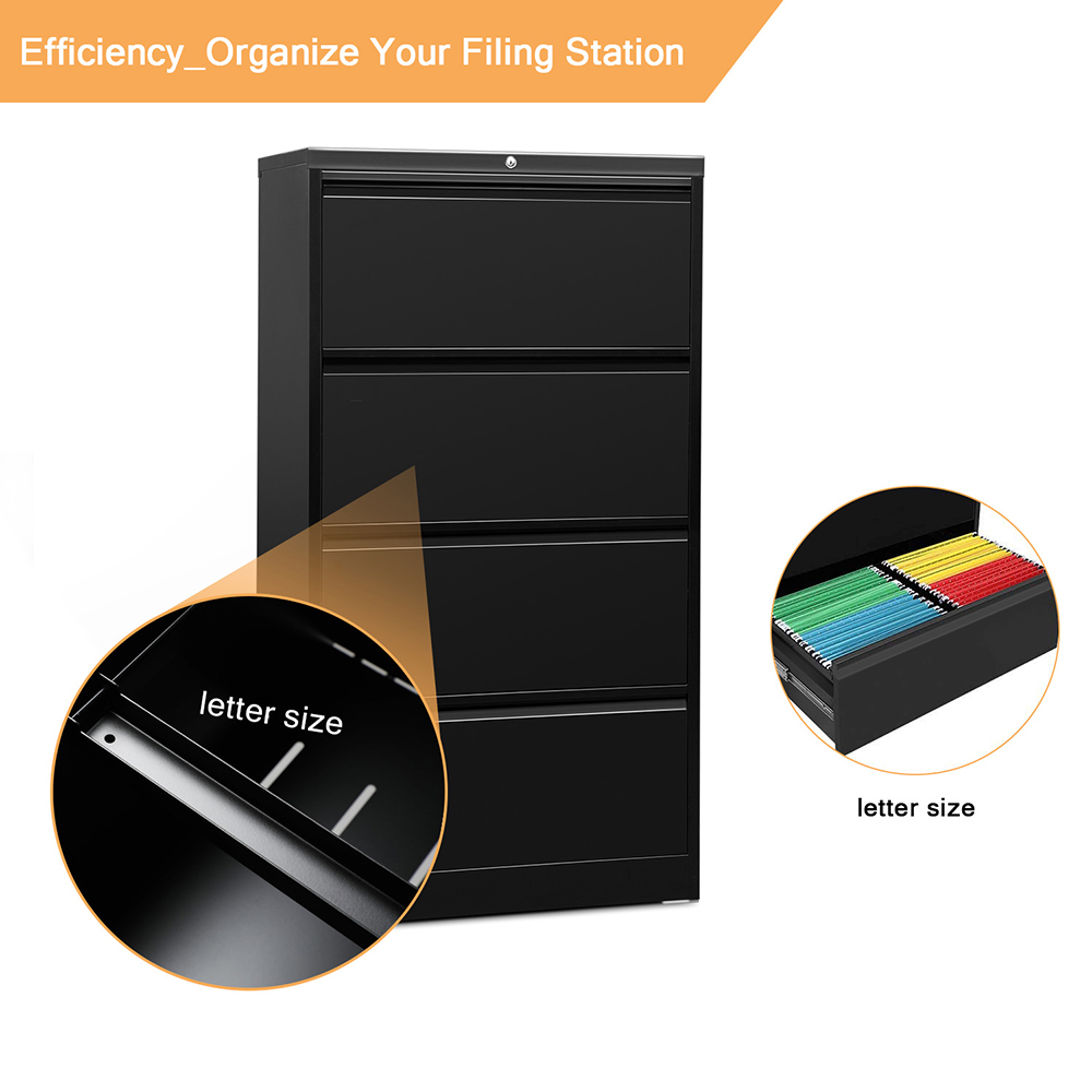 Home Office Lateral Metal Lockable File Cabinet with 4 Storage Drawers, for A4, Letter-Sized and Legal-Sized Hanging Documents - Black
