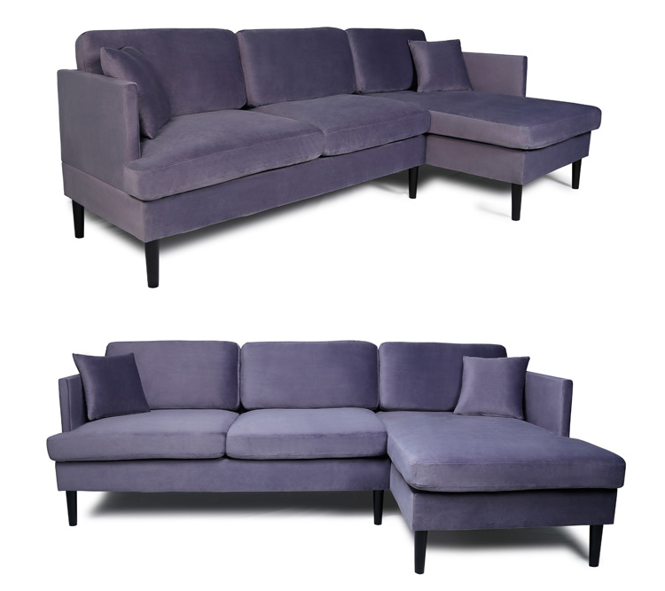2-seat Velvet Upholstered Sofa Combination, with Chaise and Solid Wood Feet, for Living Room, Bedroom, Office, Apartment - Grey