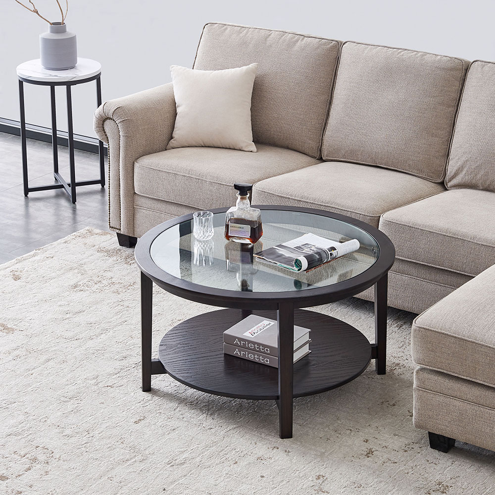 36" 2-Layer Glass Round Coffee Table with Wooden Frame and Legs, for Kitchen, Restaurant, Office, Living Room, Cafe - Black