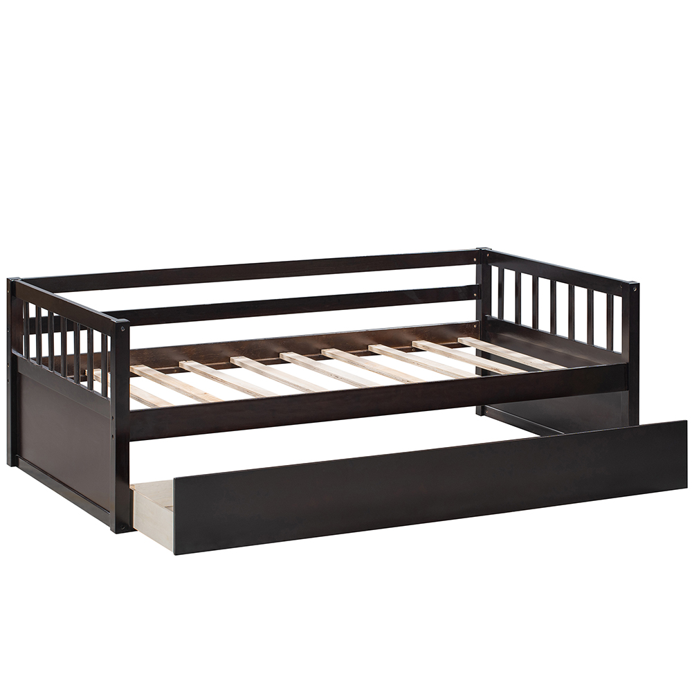 Twin-Size Wooden Platform Sofa Bed Frame with 2 Drawers Espresso