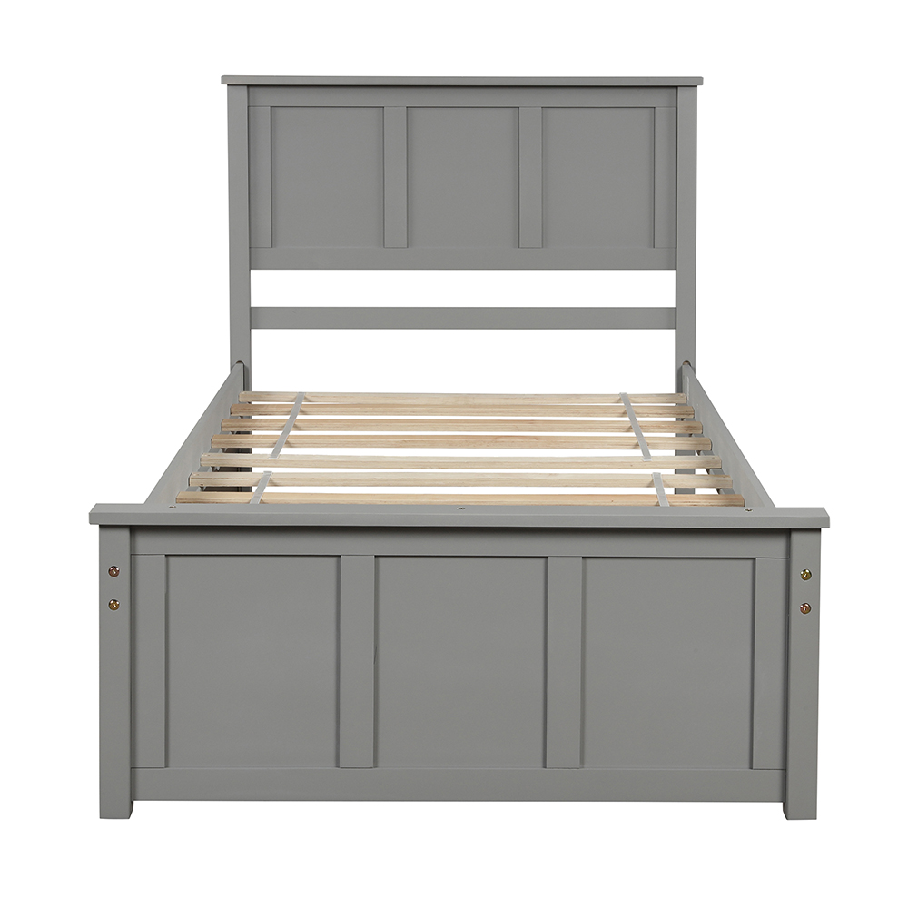 Twin Size Wooden Platform Bed Frame with Trundle Bed, and Wooden Slats Support, No Spring Box Required (Frame Only) - Gray