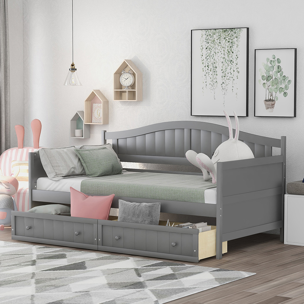 Twin-Size Wooden Platform Daybed Frame with 2 Storage Drawers and Wooden Slats Support - Gray