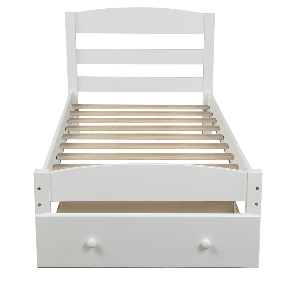 Twin Size Wooden Platform Bed Frame with Storage Drawer, and Wooden Slats Support, No Spring Box Required (Frame Only) - White