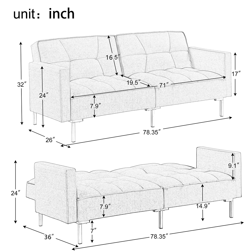 Orisfur 78" Linen Sofa Bed with Metal Legs and Wooden Frame, for Living Room, Bedroom, Office, Apartment - Gray