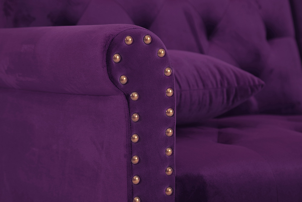 4-Seat Velvet L-shaped Corner Convertible Sofa Bed with Ergonomic Backrest and Solid Wood Feet for Living Room, Bedroom, Office, Apartment - Purple