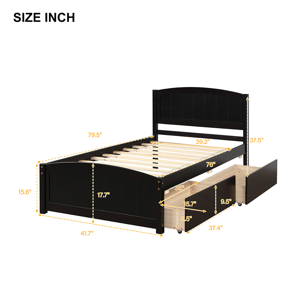 Twin Size Wooden Platform Bed Frame with 2 Storage Drawers, and Wooden Slats Support, No Spring Box Required (Frame Only) - Espresso