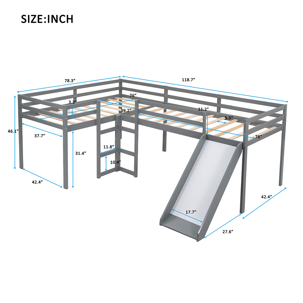 Twin-Size Wooden L-Shaped Loft Bed Frame with Ladder, Slide, and Wooden Slat Support, No Need for Box Spring - Gray