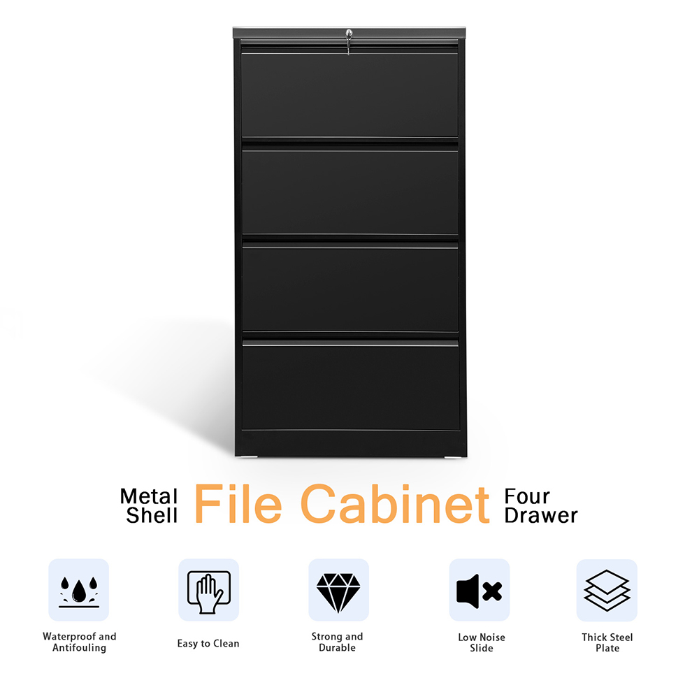 Home Office Lateral Metal Lockable File Cabinet with 4 Storage Drawers, for A4, Letter-Sized and Legal-Sized Hanging Documents - Black