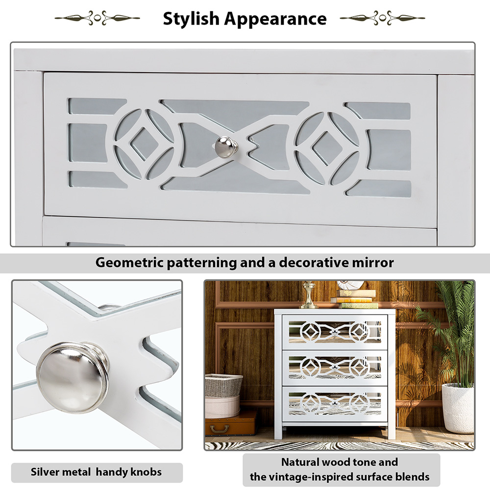 TREXM 26" Wooden Storage Cabinet with 3 Drawers and Decorative Mirror, for Entrance, Hallway, Dining Room, Kitchen - White