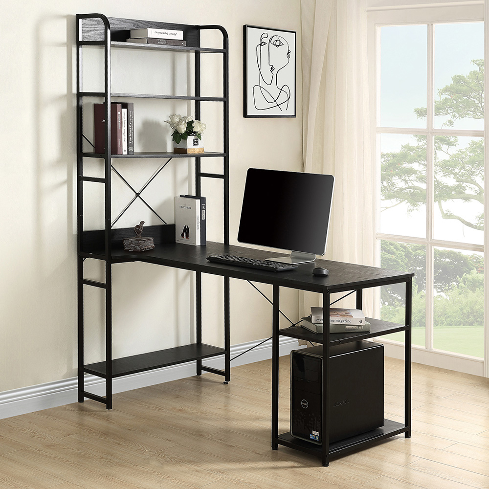 Home Office Steel Frame and MDF Board Computer Desk, with 5-layer Storage Shelf - Black