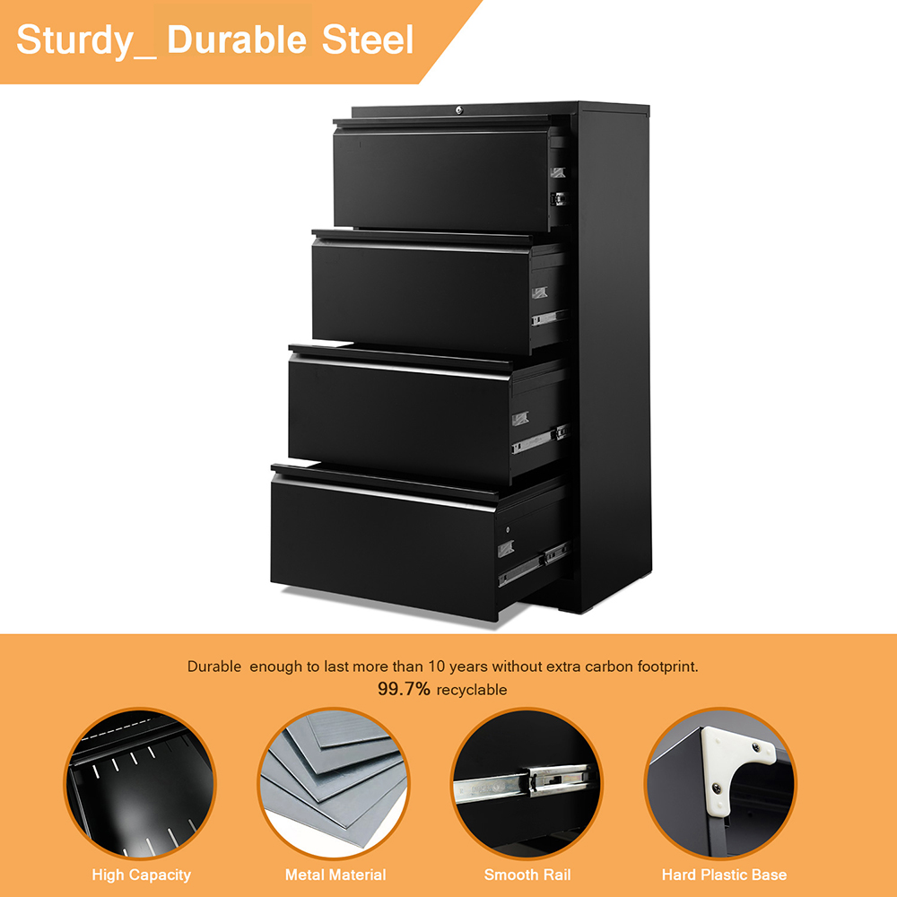 Home Office Lateral Metal Lockable File Cabinet with 4 Storage Drawers, for A4, Letter-Sized and Legal-Sized Hanging Documents - Black