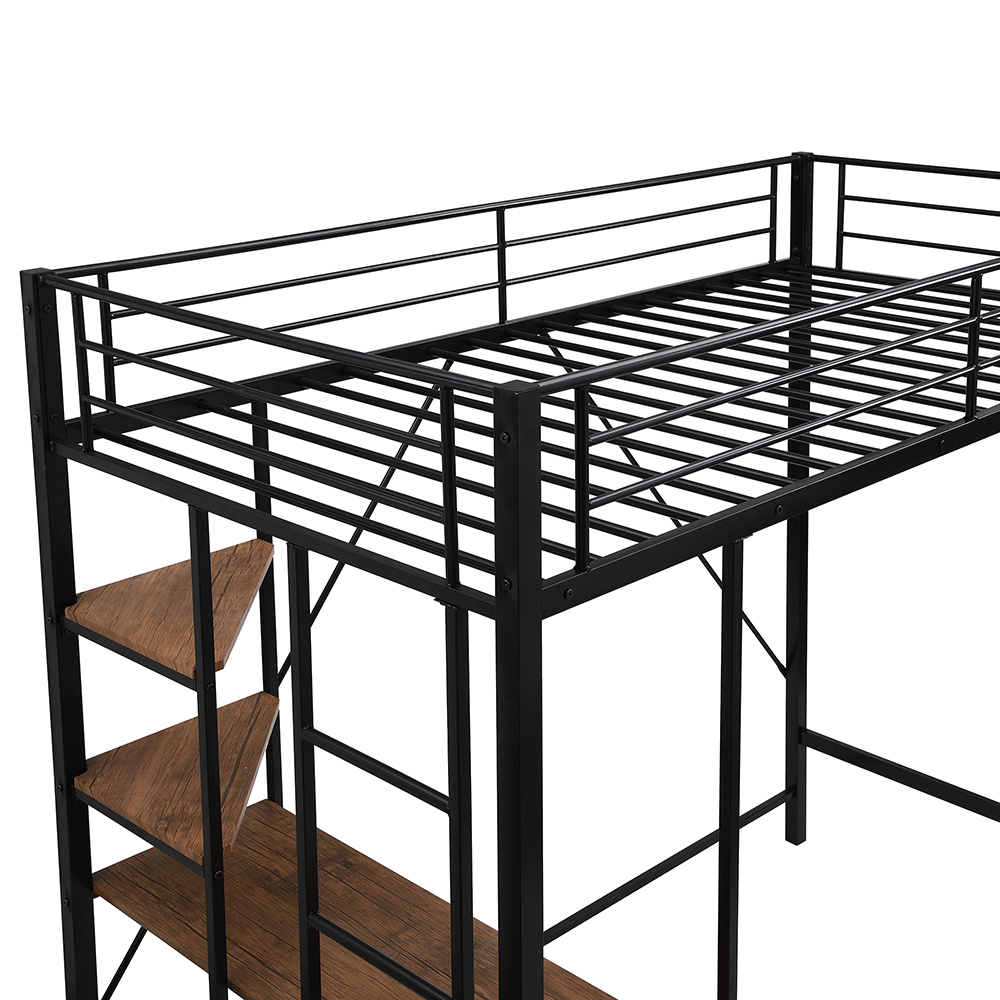 Twin Size Metal Loft Bed Frame with Storage Shelves and Desk Black