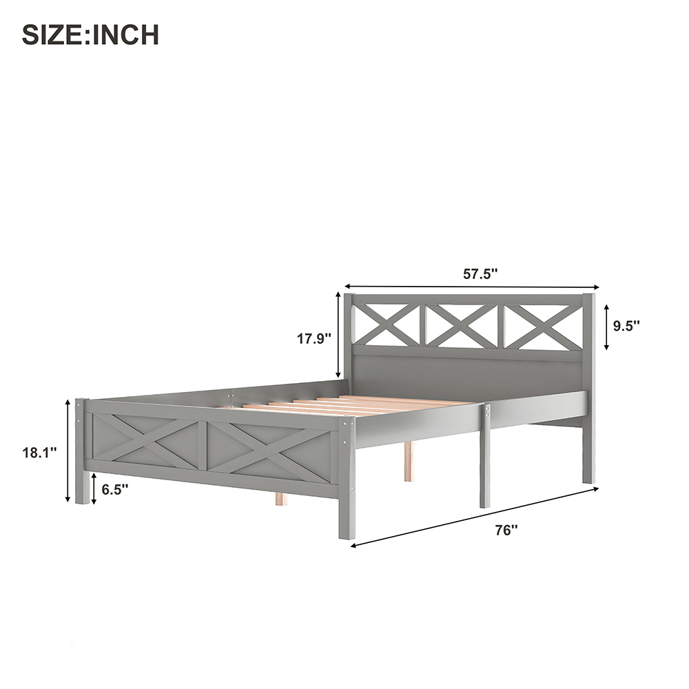 Full Size Wooden Platform Bed Frame with High Legs and Wooden Slats - Gray