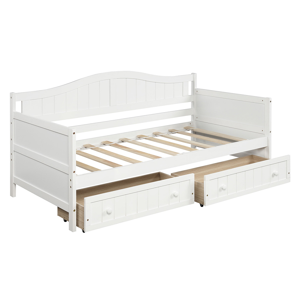 Twin-Size Wooden Platform Daybed Frame with 2 Storage Drawers and Wooden Slats Support - White