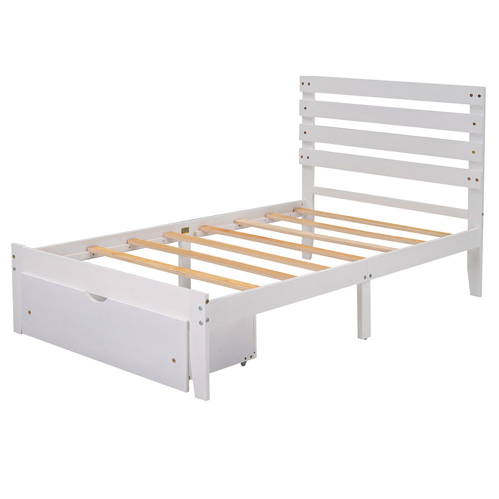 Twin Size Wooden Platform Bed Frame With 2 Storage Drawers - White 7 Twin Size Wooden Platform Bed Frame with 2 Storage Drawers - White