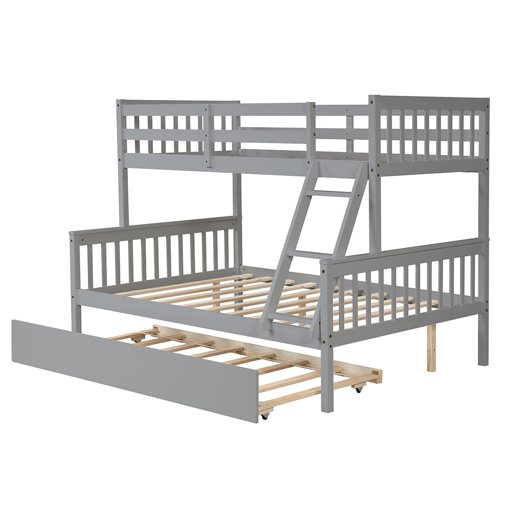 Twin-Over-Full Size Wooden Bunk Bed Frame with Trundle Bed, and Wooden Slat Support, Suitable for Families with Multiple Children - Grey