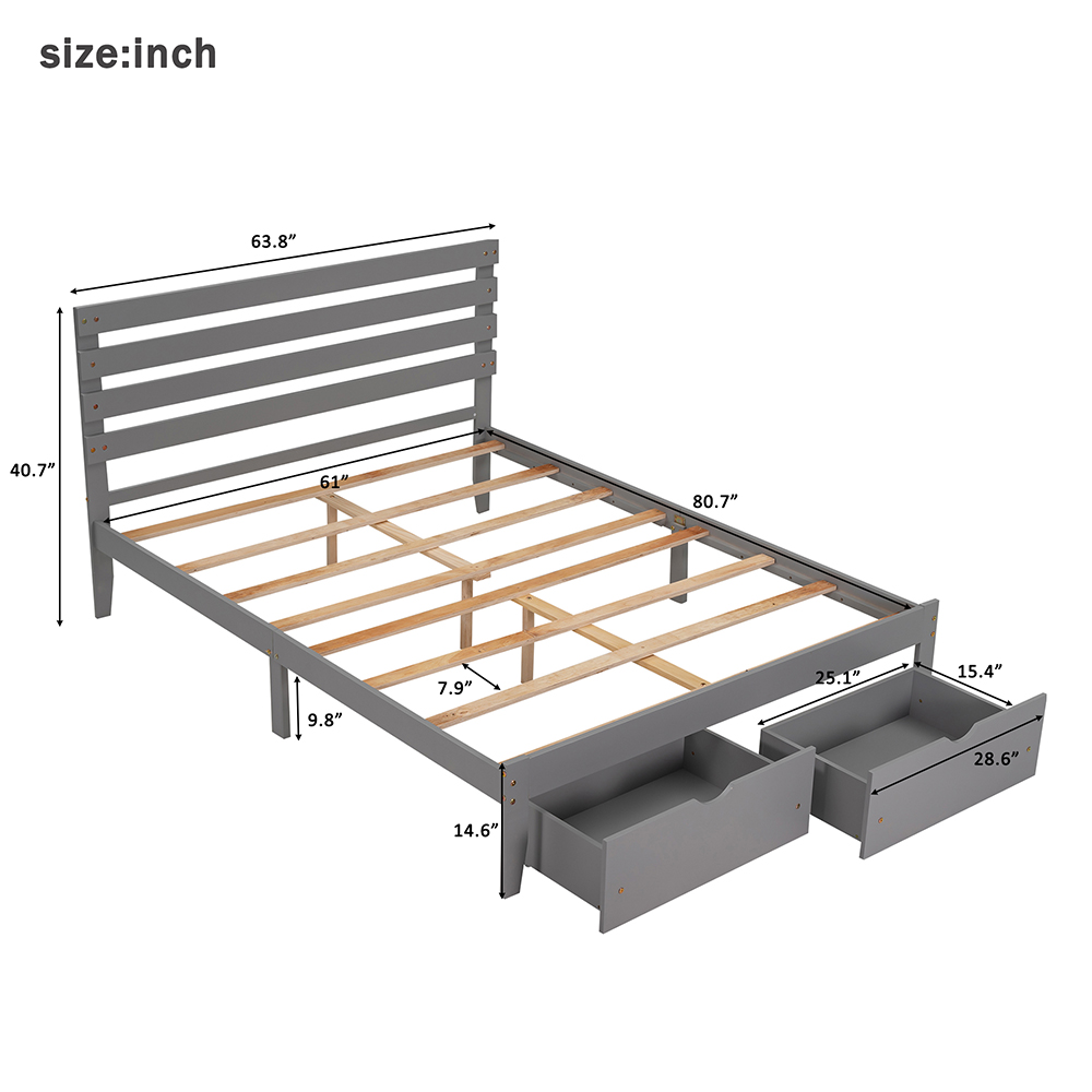 Queen Size Wooden Platform Bed Frame with 2 Storage Drawers - Gray