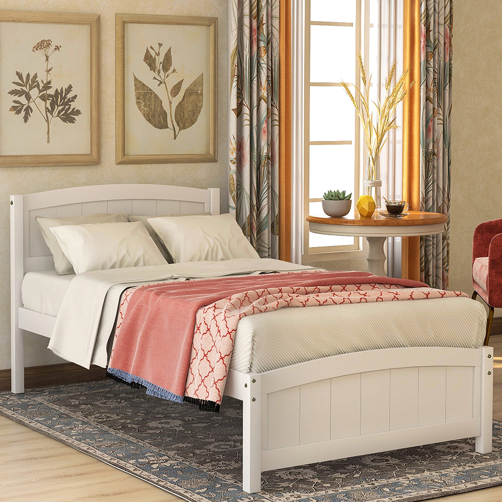 Twin-Size Wooden Platform Bed Frame with Headboard, Footboard, and Wooden Slats Support - White