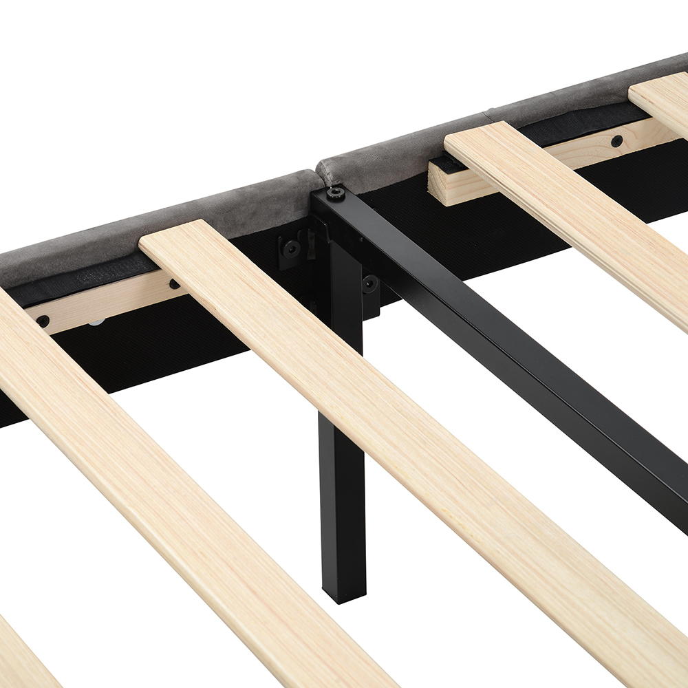 Queen-Size Velvet Upholstered Platform Bed Frame with Storage Drawer and Wooden Slat Support - Gray