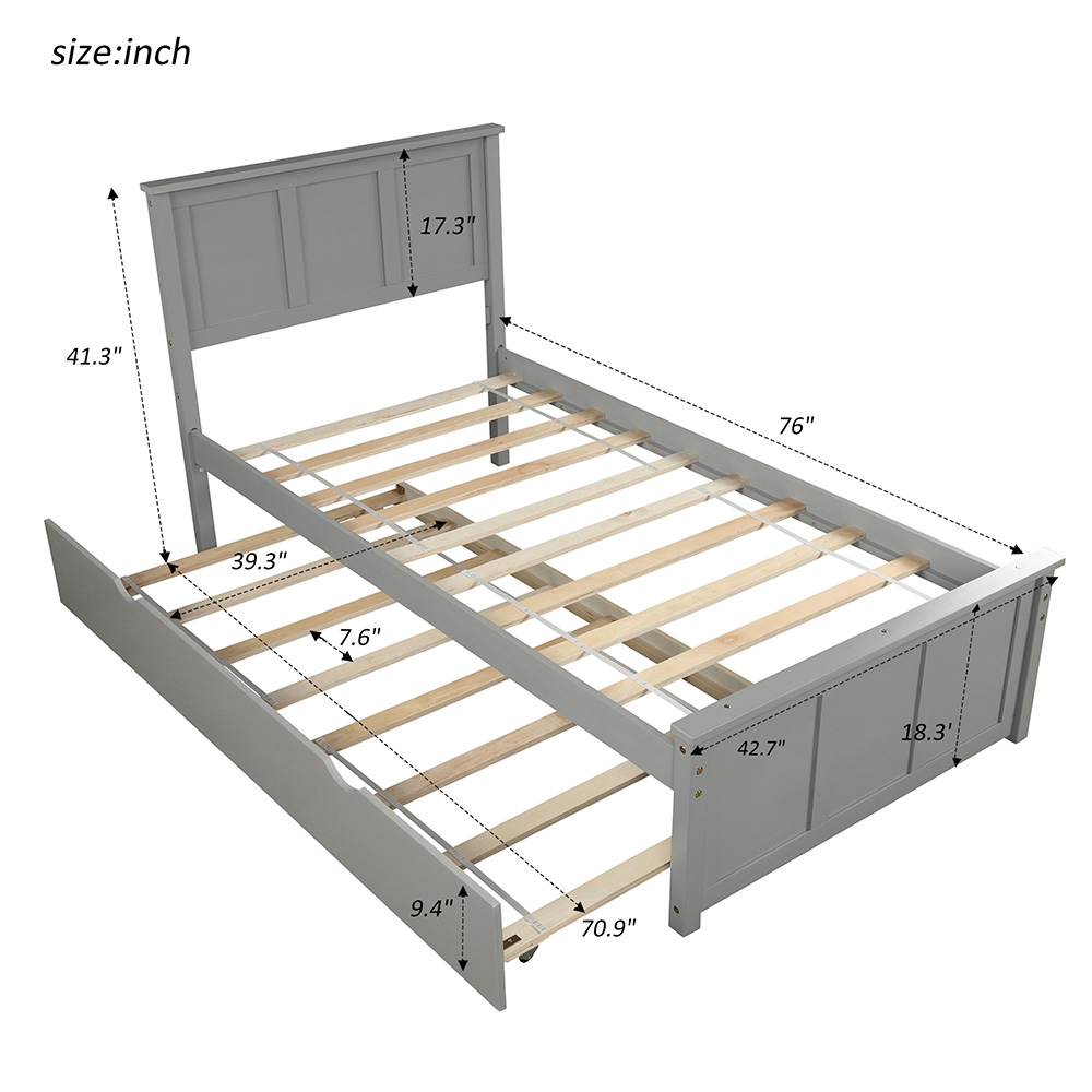 Twin Size Wooden Platform Bed Frame with Trundle Bed, and Wooden Slats Support, No Spring Box Required (Frame Only) - Gray