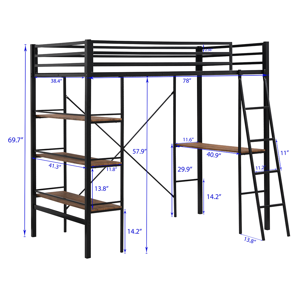 Twin Size Metal Loft Bed Frame with Shelf and Desk Black
