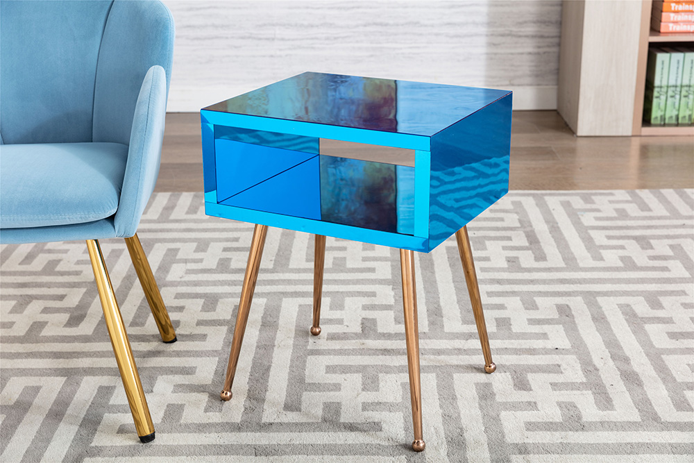 COOLMORE Mirror Bedside Table End Table with Metal High Legs for Living Room, Bedroom, Office, Dressing Room - Blue