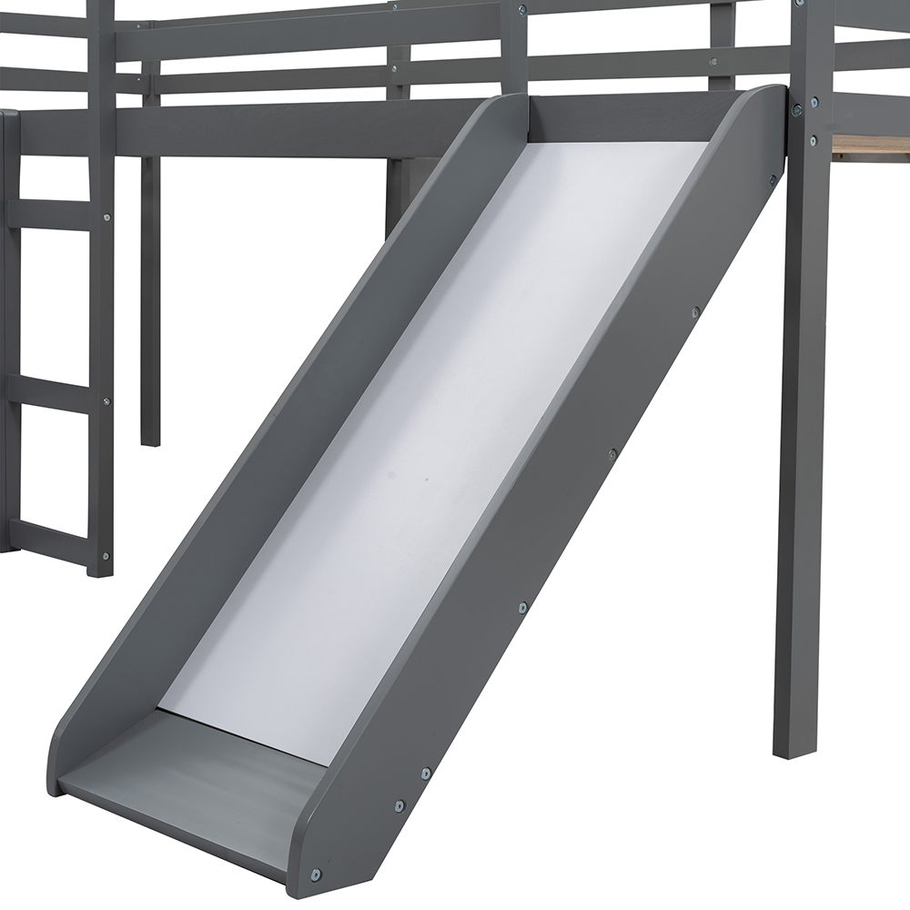 Twin-Size Wooden L-Shaped Loft Bed Frame with Ladder, Slide, and Wooden Slat Support, No Need for Box Spring - Gray