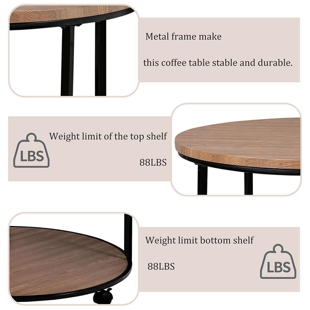 TREXM 35.5" 2-Layer Round Coffee Table with Caster Wheels and Wood Textured Surface, for Kitchen, Restaurant, Office, Living Room, Cafe - Light Brown