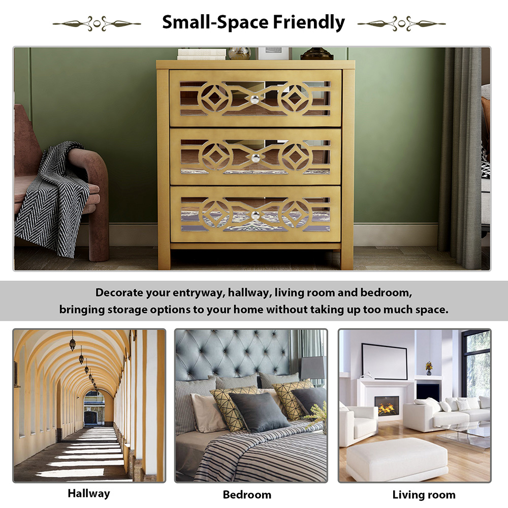 TREXM 26" Wooden Storage Cabinet with 3 Drawers and Decorative Mirror, for Entrance, Hallway, Dining Room, Kitchen - Gold