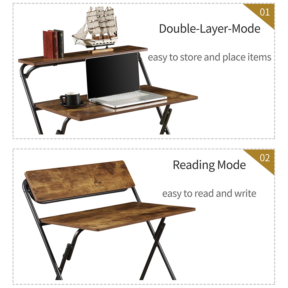 Home Office MDF Folding Computer Desk with Shelf and X-shaped Metal Legs - Tiger