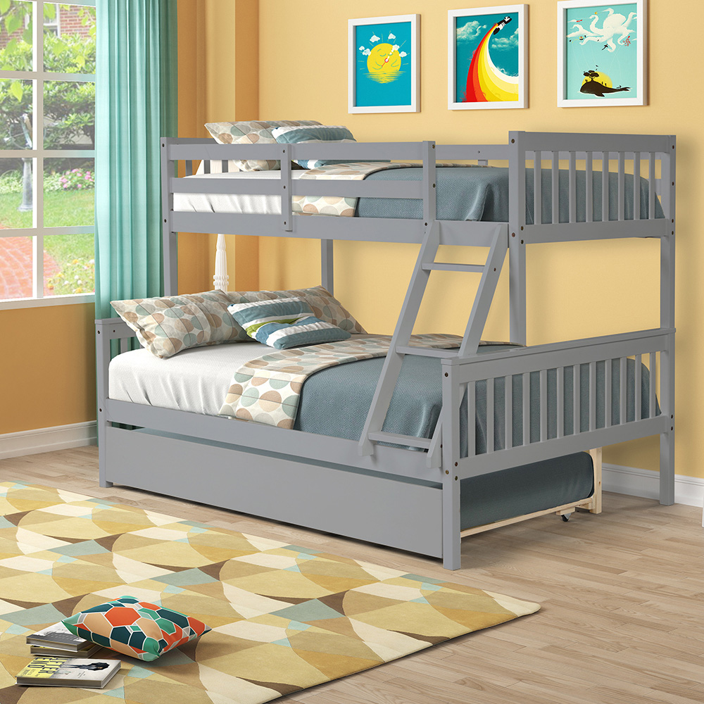 Twin-Over-Full Size Wooden Bunk Bed Frame With Trundle Bed Grey