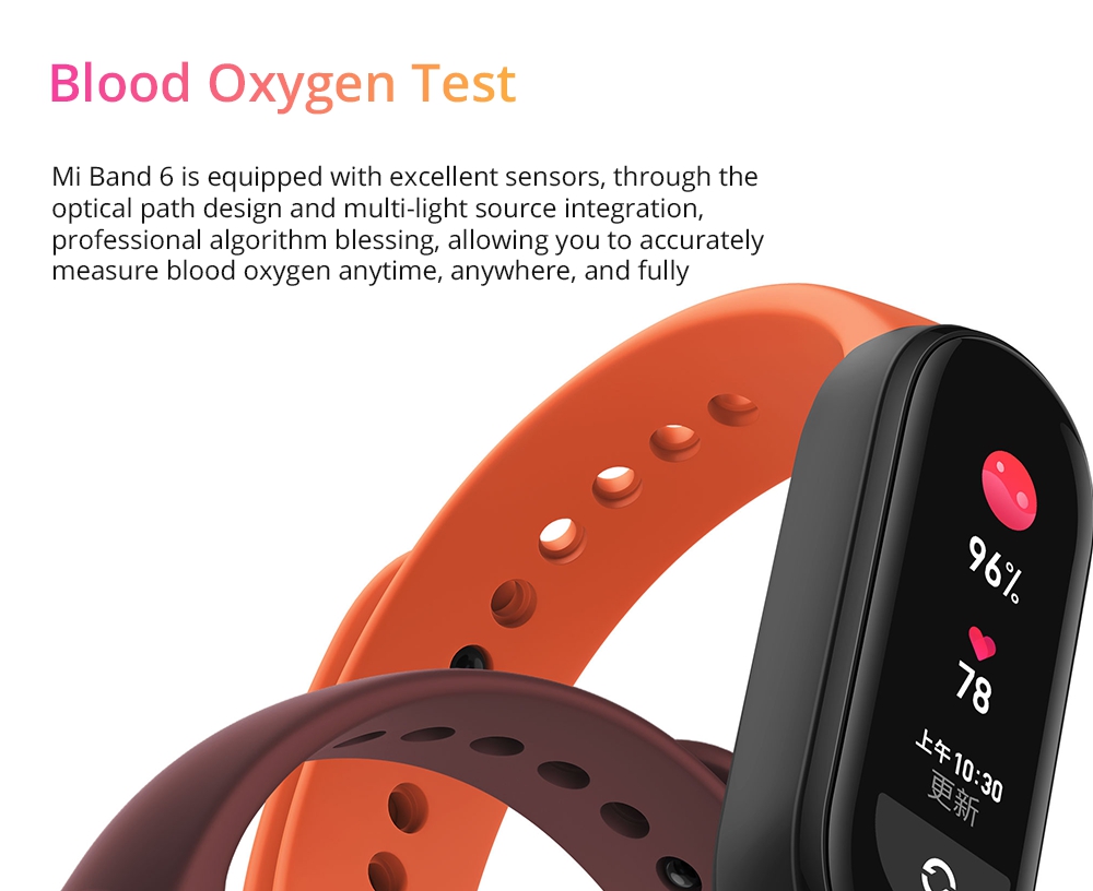 Xiaomi Mi Band 6 Smart Bracelet Heart Rate Oximetry Monitor 1.56 inch Screen Bluetooth 5.0 50 Meters Water Resistance 30 Sports Modes CN Version + Orange Replacement Strap