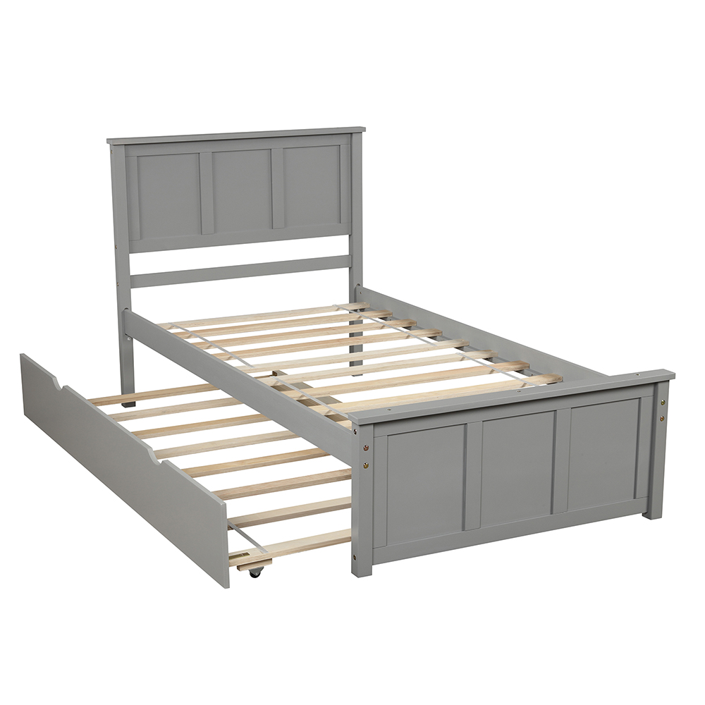 Twin Size Wooden Platform Bed Frame with Trundle Bed, and Wooden Slats Support, No Spring Box Required (Frame Only) - Gray