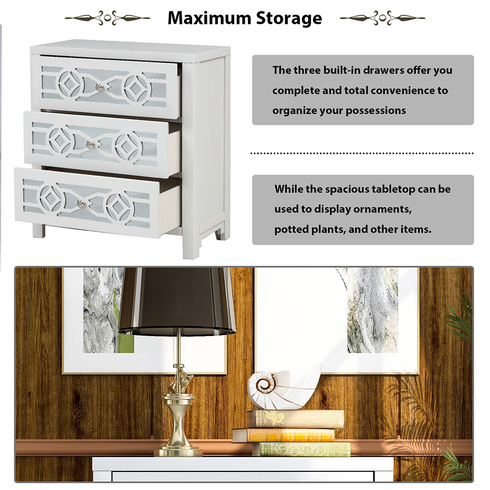 TREXM 26" Wooden Storage Cabinet with 3 Drawers and Decorative Mirror, for Entrance, Hallway, Dining Room, Kitchen - White