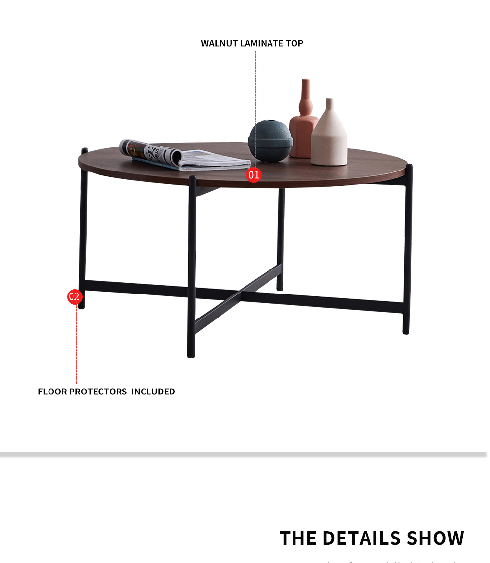 36" Modern Round Coffee Table with Walnut Tabletop and Metal Frame for Living Room, Office, Apartment, Restaurant - Black