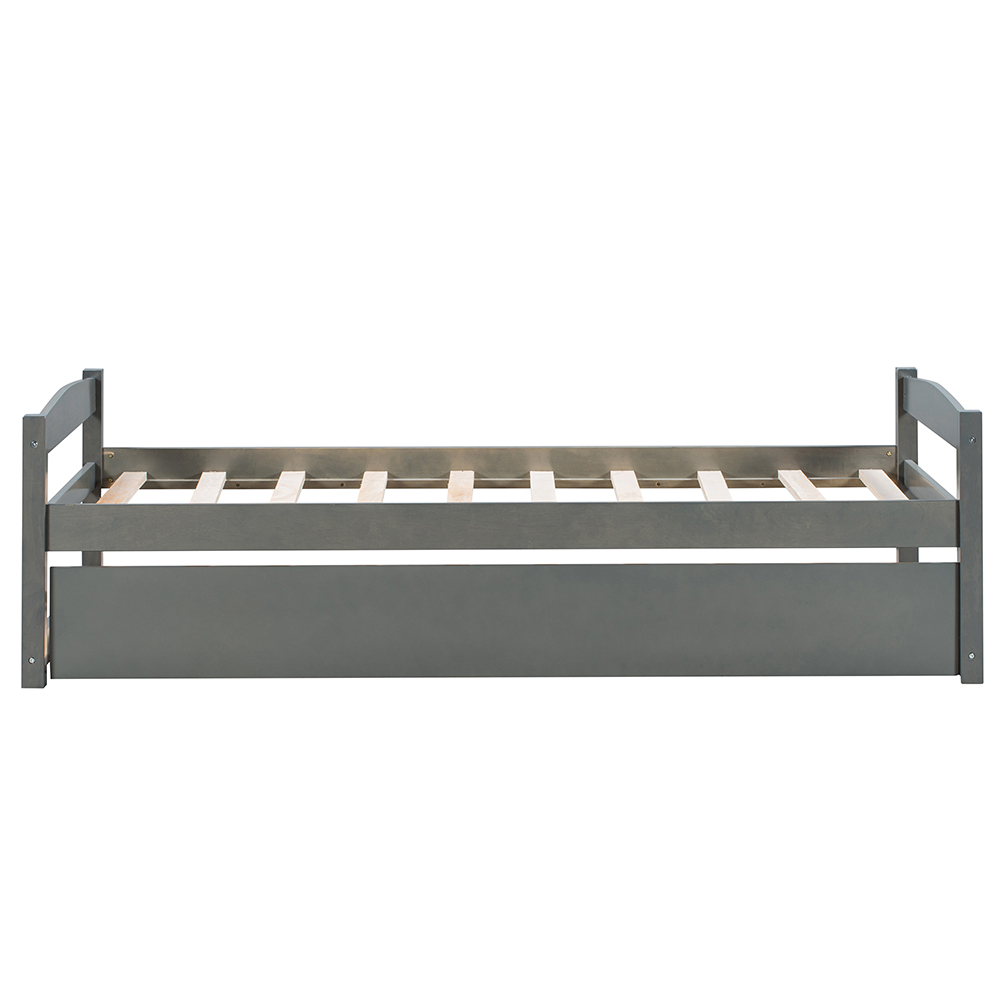 Twin-Size Wooden Platform Bed Frame with Trundle Bed, Suitable for Small Space Apartment, Room - Gray