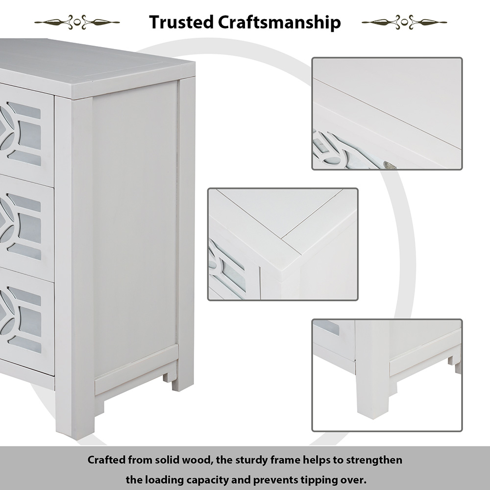 TREXM 26" Wooden Storage Cabinet with 3 Drawers and Decorative Mirror, for Entrance, Hallway, Dining Room, Kitchen - White