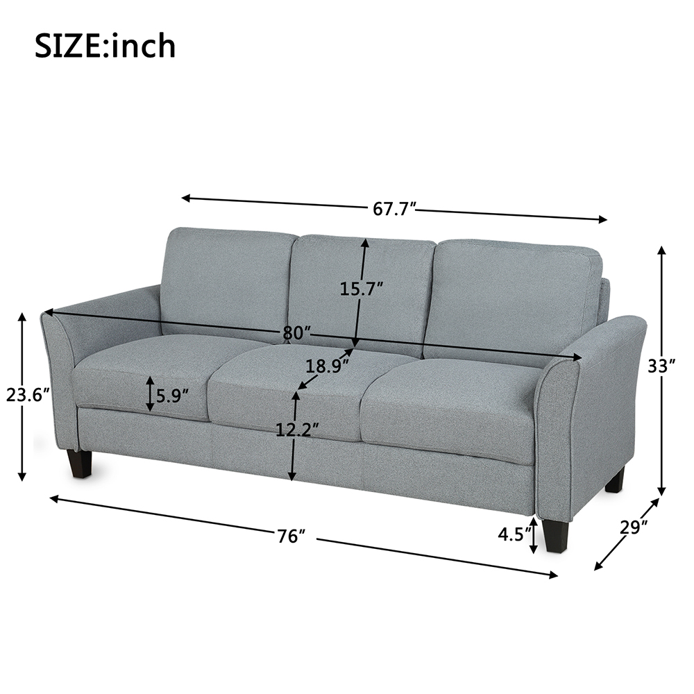 3-Seat Linen Fabric Sofa with Wooden Frame and Plastic Feet, for Living Room, Bedroom, Office, Apartment - Gray
