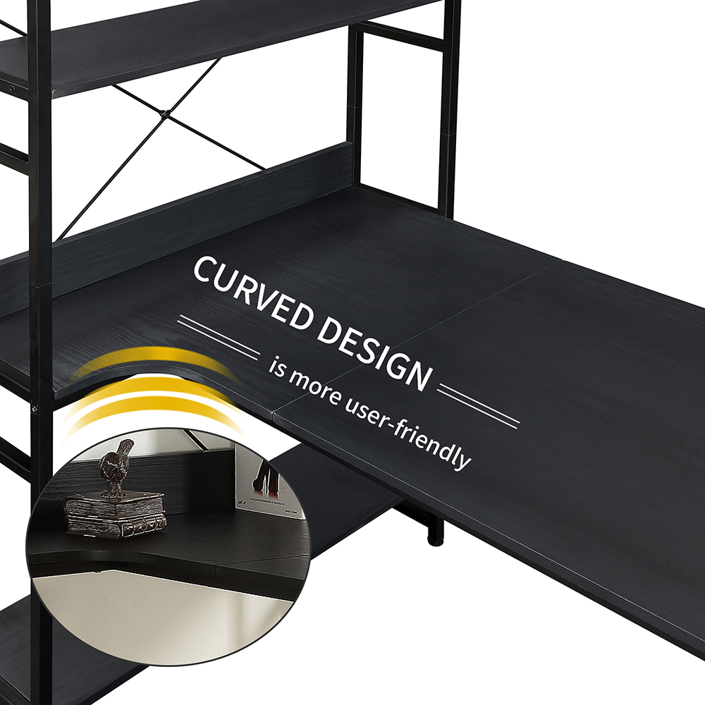 Home Office Steel Frame and MDF Board Computer Desk, with 5-layer Storage Shelf - Black