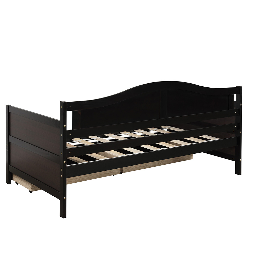 Twin-Size Wooden Platform Daybed Frame with 2 Storage Drawers and Wooden Slats Support - Espresso