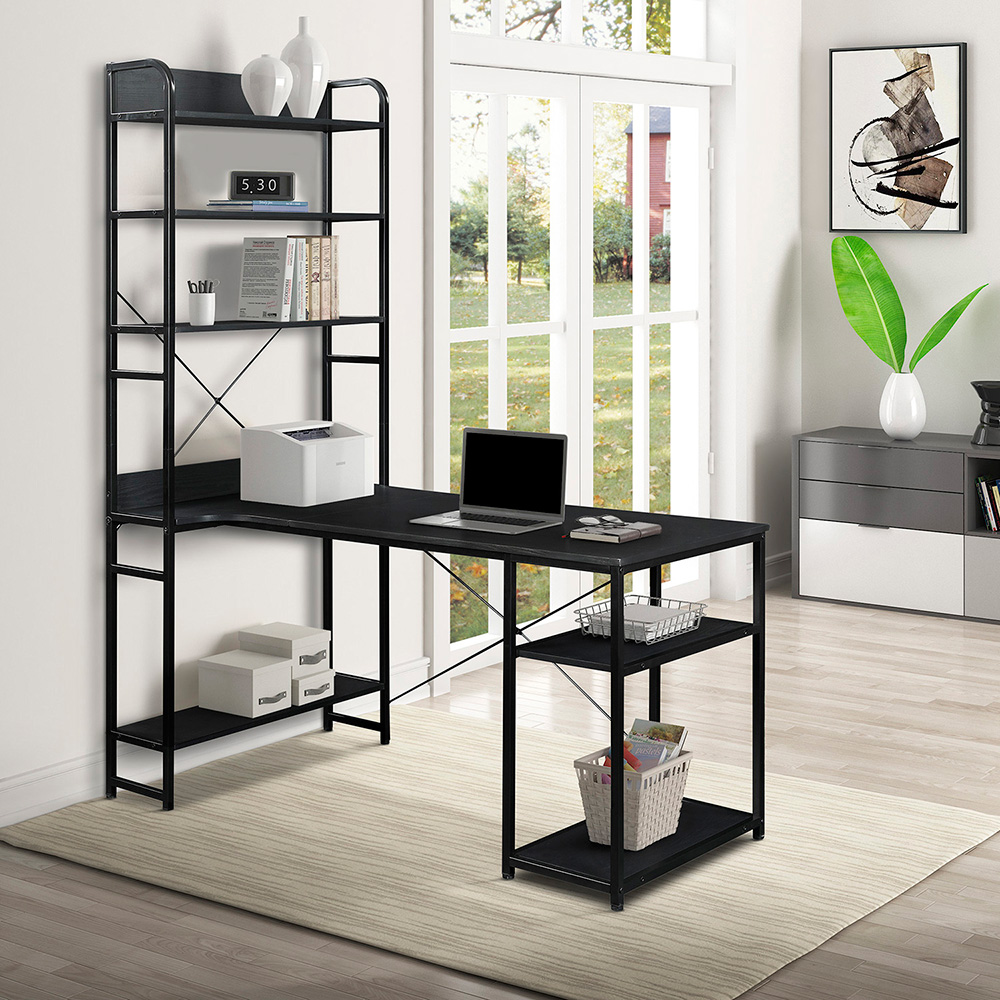 Home Office Steel Frame and MDF Board Computer Desk, with 5-layer Storage Shelf - Black