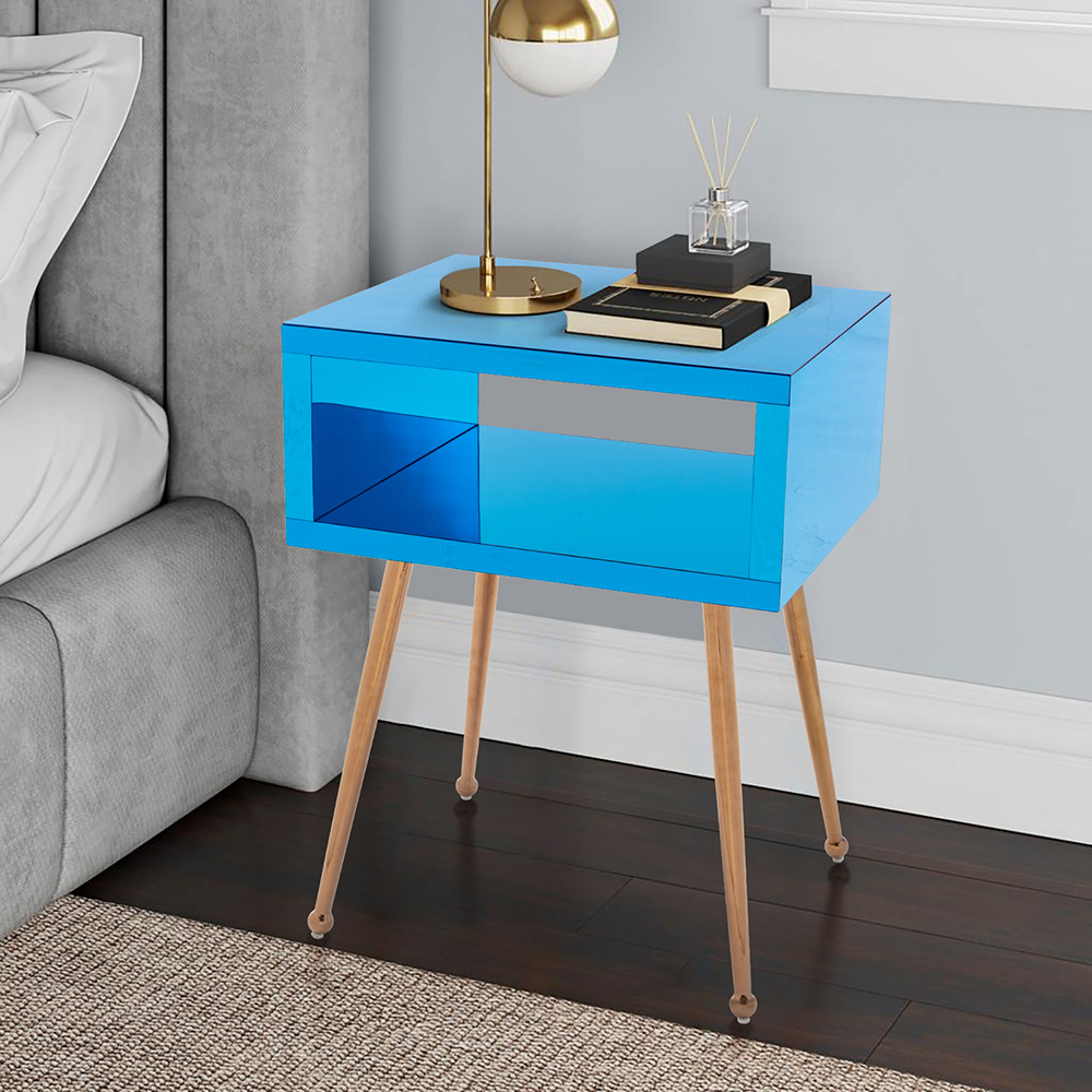 COOLMORE Mirror Bedside Table End Table with Metal High Legs for Living Room, Bedroom, Office, Dressing Room - Blue